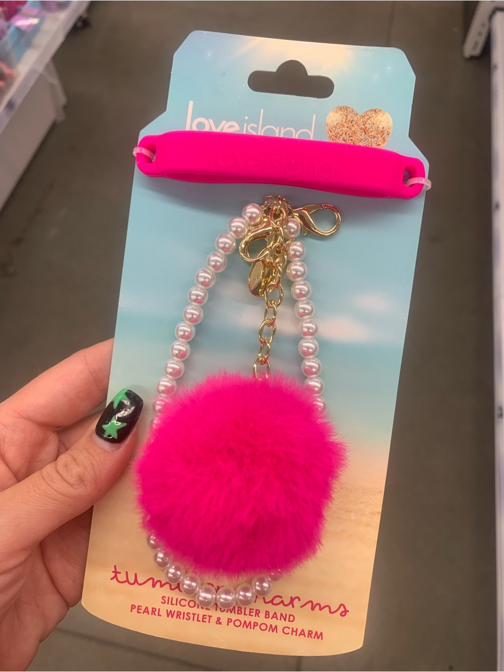 Love Island Pink Faux Fur Silicone Tumbler Band Pearl Wristlet Pom Pom Charm